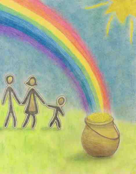A painting of a mother, father, and child walking next to a large pot of gold at the end of a rainbow.