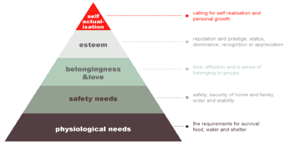 A triangle with multiple sections, forming a hierarchy. On the bottom are physiological needs. The requirements for survival: food, water and shelter. The second level is safety needs. This is safety, security of home and family, order and stability. The third level is belongingness and love, which is composed of love, affection and a sense of belonging to groups. The fourth level is esteem. This is composed of reputation and prestige, status, dominance, recognition or appreciation. The fifth and final level is self-actualization, or calling for self realisation and personal growth.