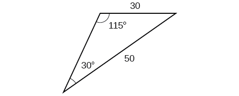 A triangle. One angle is 115 degrees with opposite side = 50. Another angle is 30 degrees with opposite side = 30.