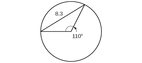 A triangle inscribed in a circle. Two of the legs are radii. The central angle formed by the radii is 110 degrees, and the opposite side is 8.3.